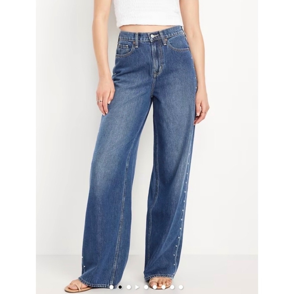 Old Navy Studded High Rise Baggy Wide Leg Jeans Womens 10 Blue Drapey Denim NWT